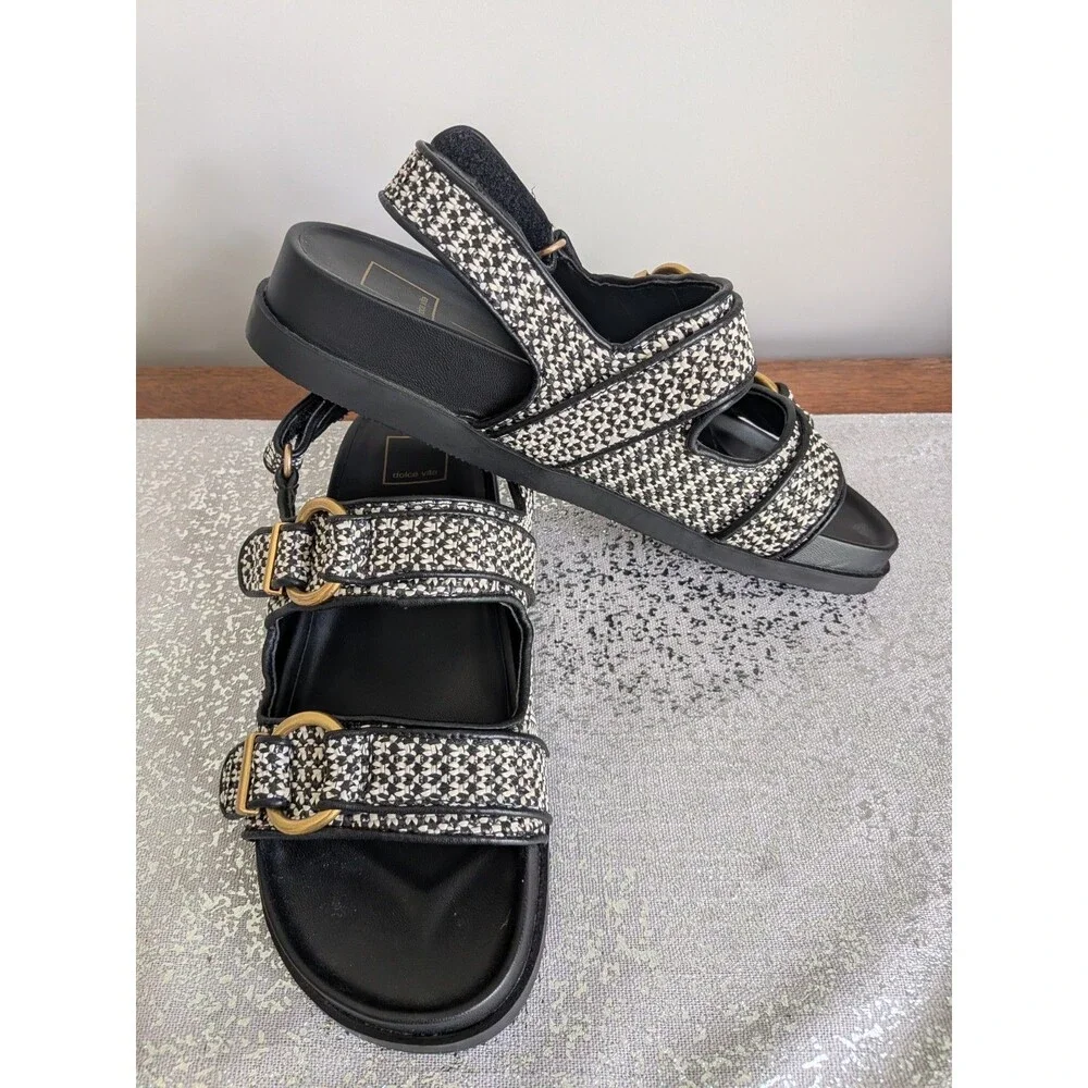 Dolce Vita Shelli Sandals Womens 9.5 Black Bridge Raffia Buckle Casual Shoes NEW - Picture 1 of 10